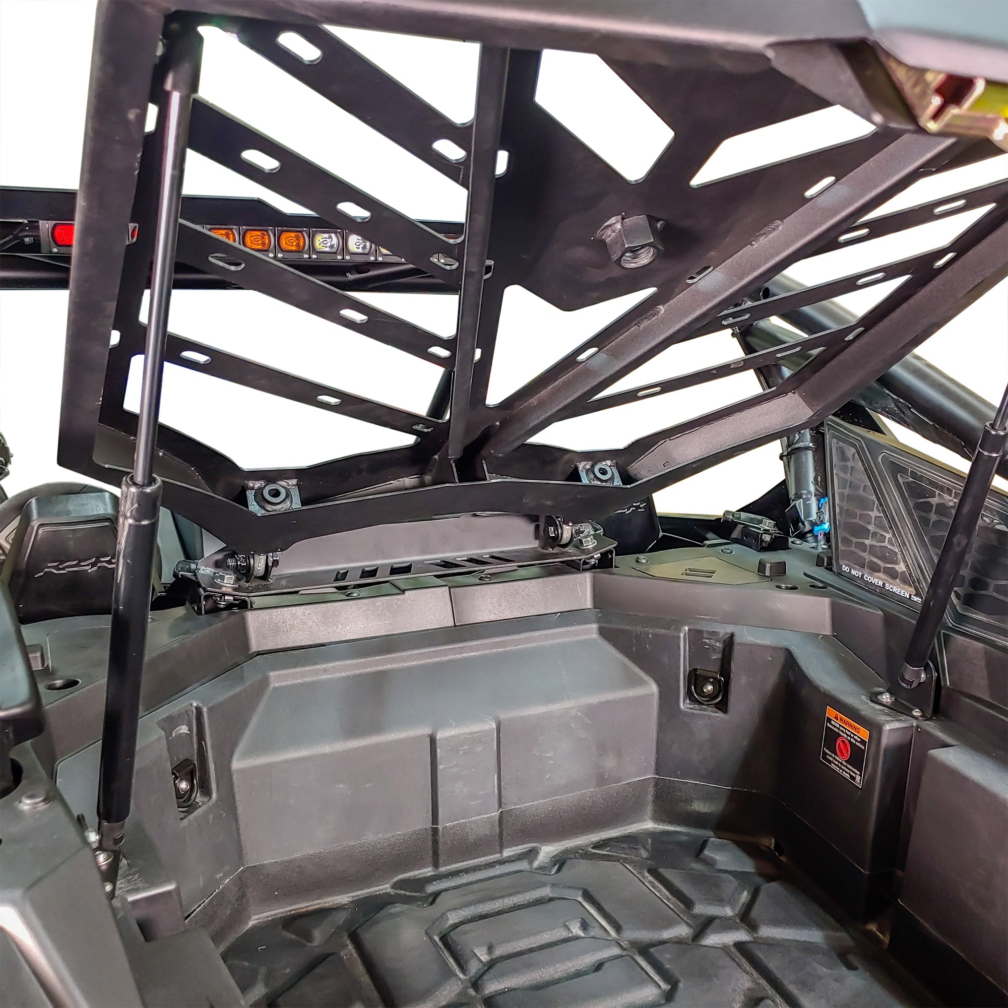 RZR Pro R cargo rack showing tie-down tie-strap points and structure